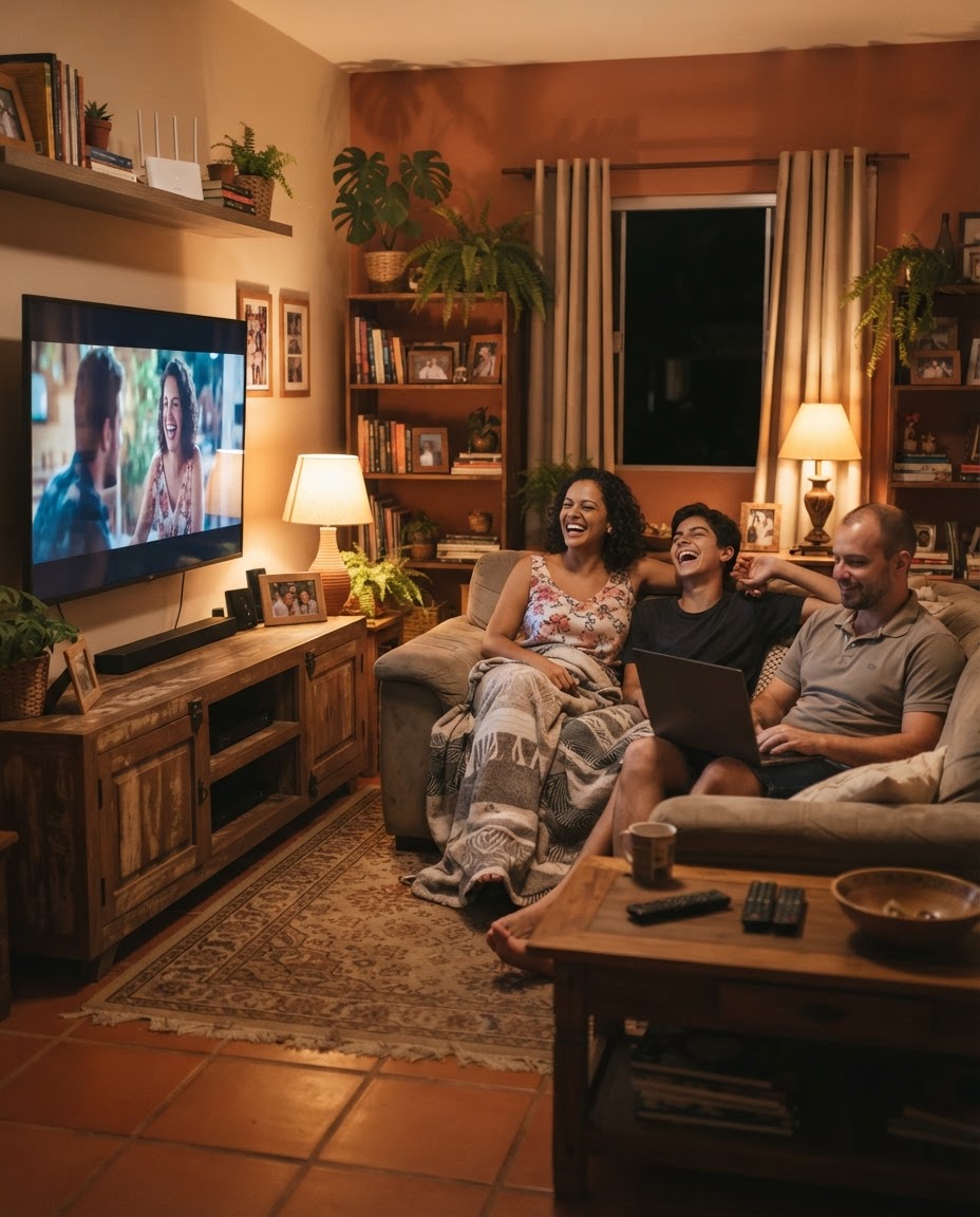 Família usando a internet fibra da Lan Net